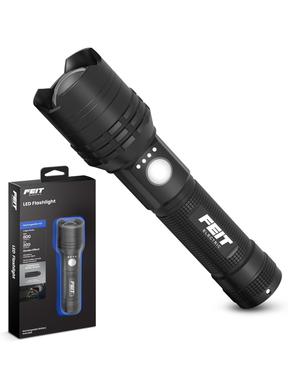 FEIT Black LED Handheld Flashlight with Side Power Button